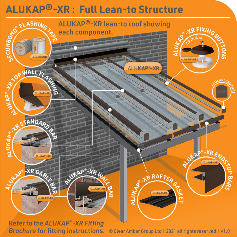 Alukap-XR Rafter Aluminium Glazing Bar Exploded Example Lean to Roof Graphic