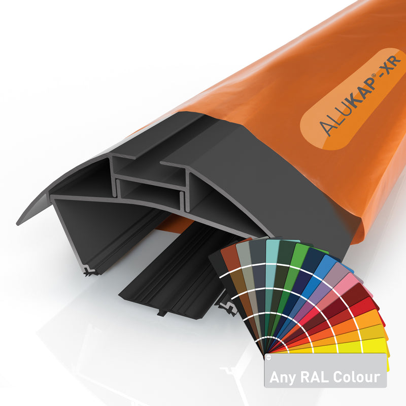 alukap xr ridge bar Any Ral Colour with 45mm slot fit rafter gasket Colour front view