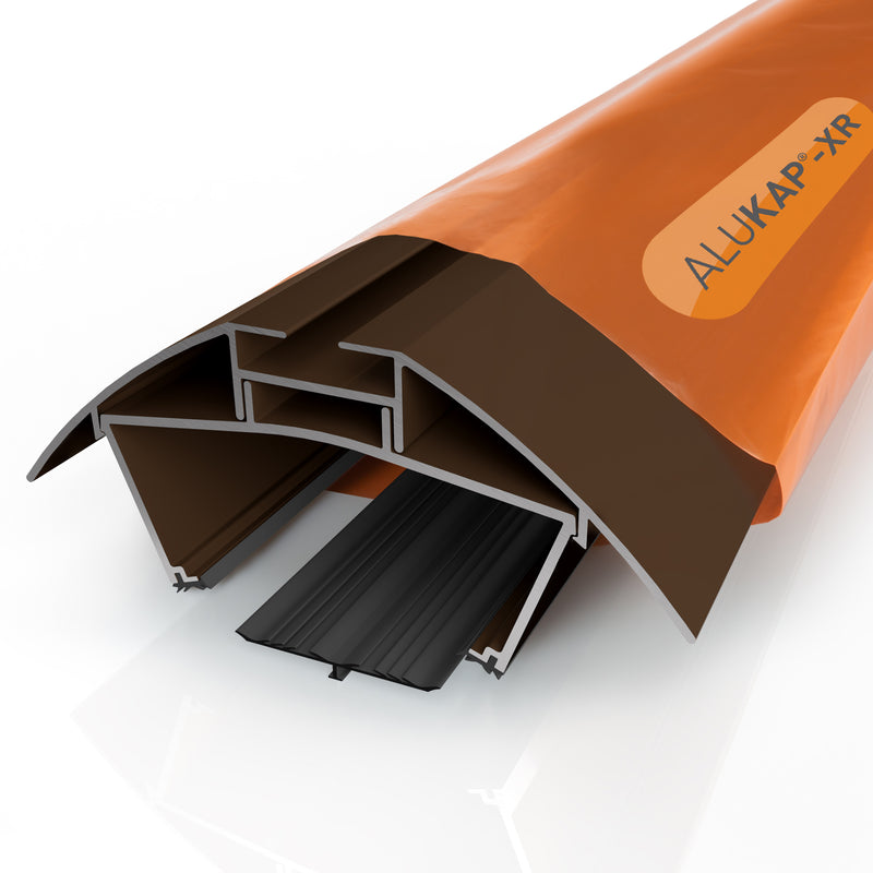 alukap xr ridge bar Brown with 55mm slot fit rafter gasket front view